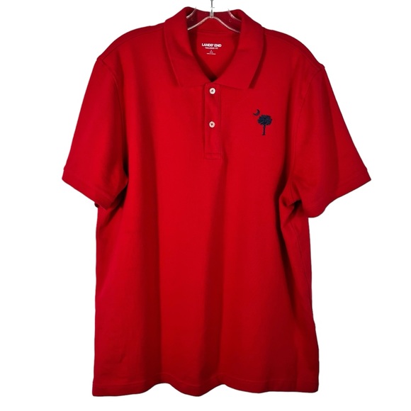 Lands End Tailored Fit Red & Navy Blue Palm Tree Embroidered Polo Shirt Large L - Picture 1 of 4
